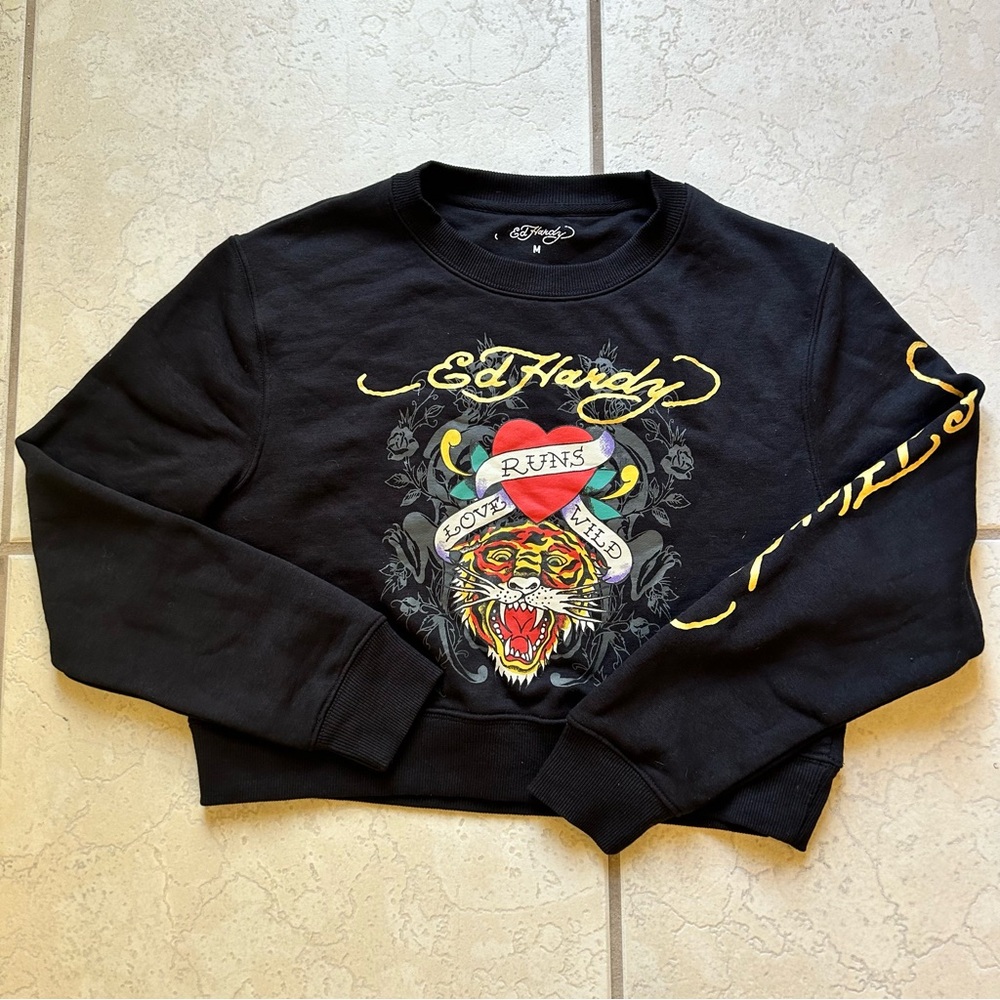 Ed Hardy Black Crewneck Sweater with Tiger Heart Graphic